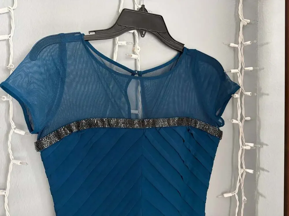 Calvin Klein Teal Mesh Yoke Beaded Chevron Pleated Sheath Dress - Picture 4 of 12